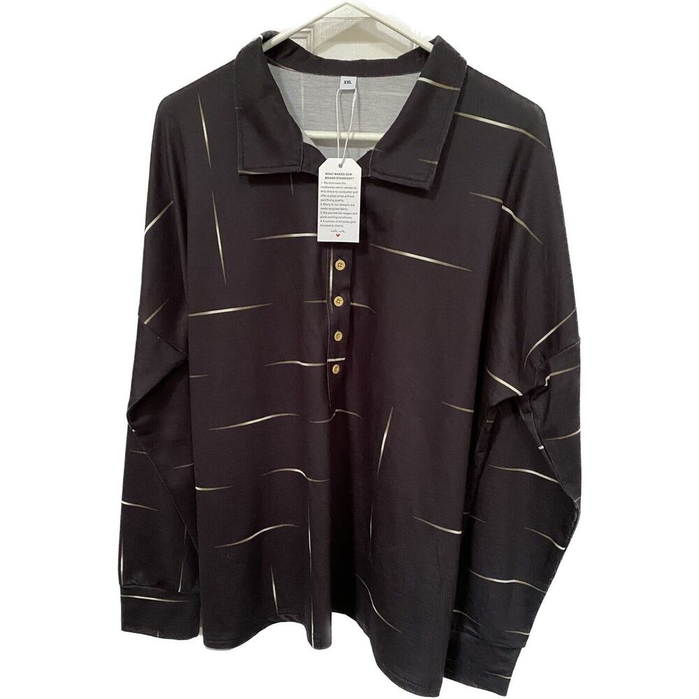 Made with‎ Love Men’s Polo Shirt XXL Black With Gold Stripes NWT Career Office